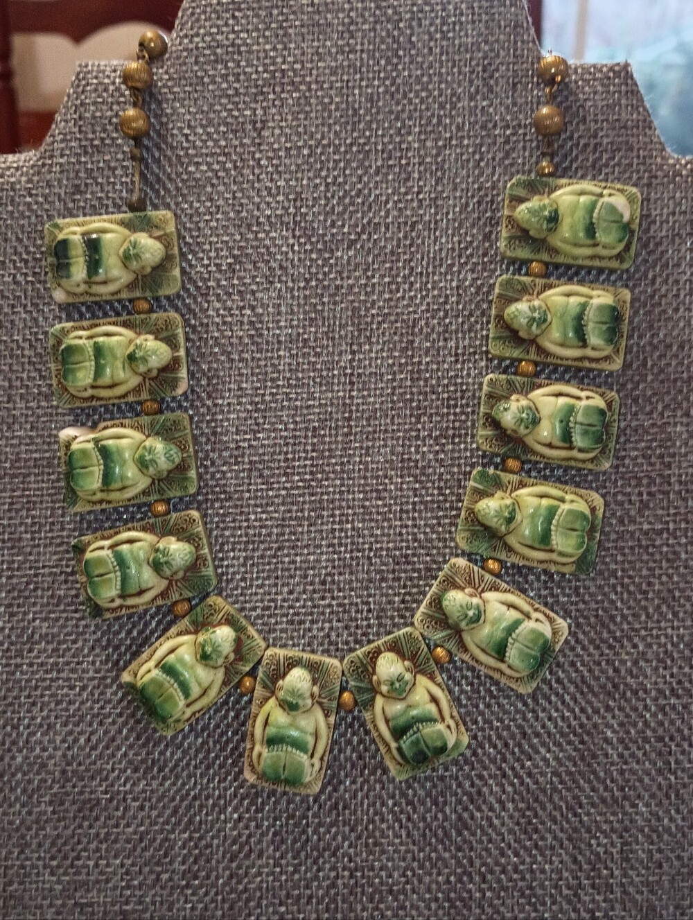 Green Scarab Ceramic Tile Necklace with Gold Accent Beads